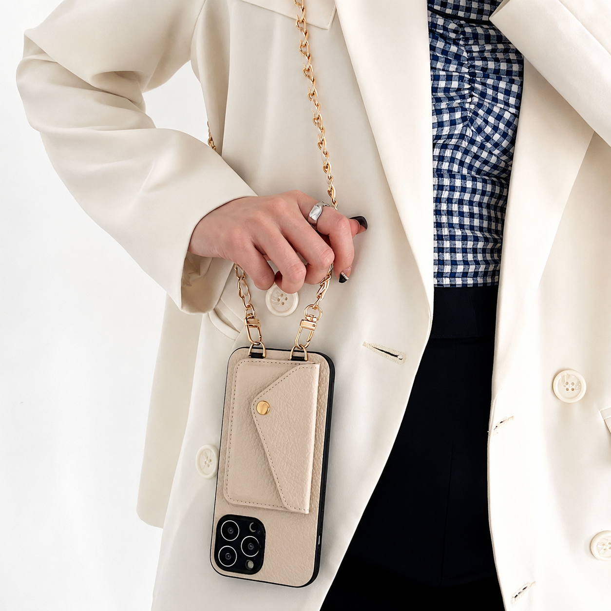 Premium iPhone Case Crossbody Wallet Cover PU Leather Card Holder Chain Strap Shockproof Anti Scratch Slim Lightweight Full Coverage Protective Design