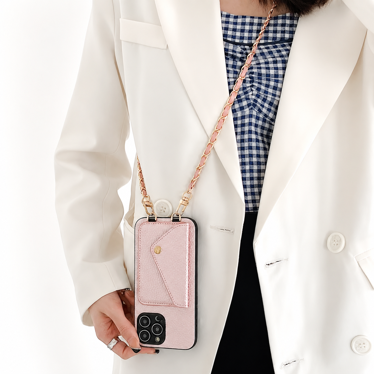Premium iPhone Case Crossbody Wallet Cover PU Leather Card Holder Chain Strap Shockproof Anti Scratch Slim Lightweight Full Coverage Protective Design