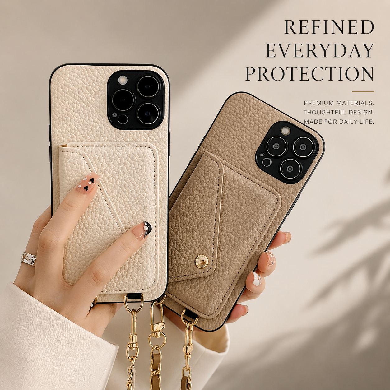 Premium iPhone Case Crossbody Wallet Cover PU Leather Card Holder Chain Strap Shockproof Anti Scratch Slim Lightweight Full Coverage Protective Design