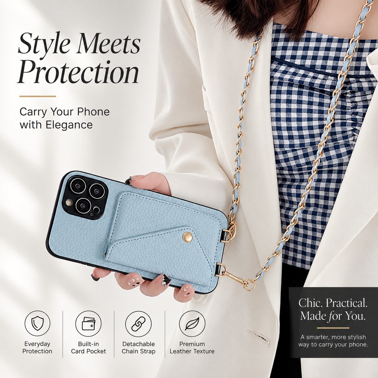 Premium iPhone Case Crossbody Wallet Cover PU Leather Card Holder Chain Strap Shockproof Anti Scratch Slim Lightweight Full Coverage Protective Design