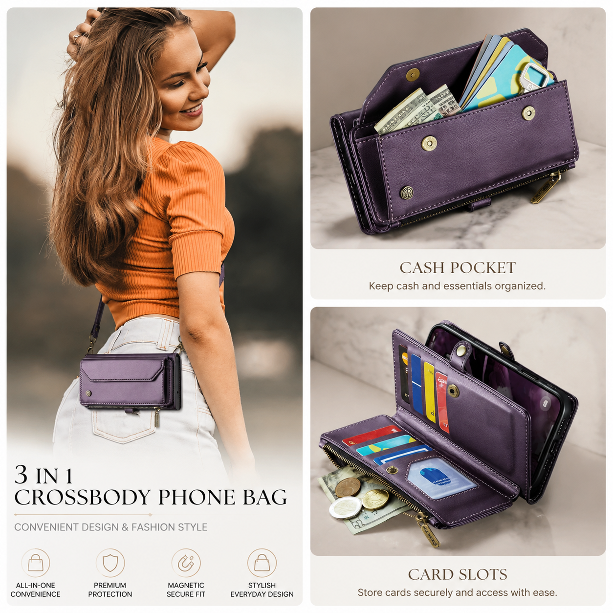 Premium iPhone Case Crossbody Wallet Cover RFID Blocking PU Leather Card Holder Shoulder Lanyard Wrist Strap Shockproof Full Coverage Protective Design