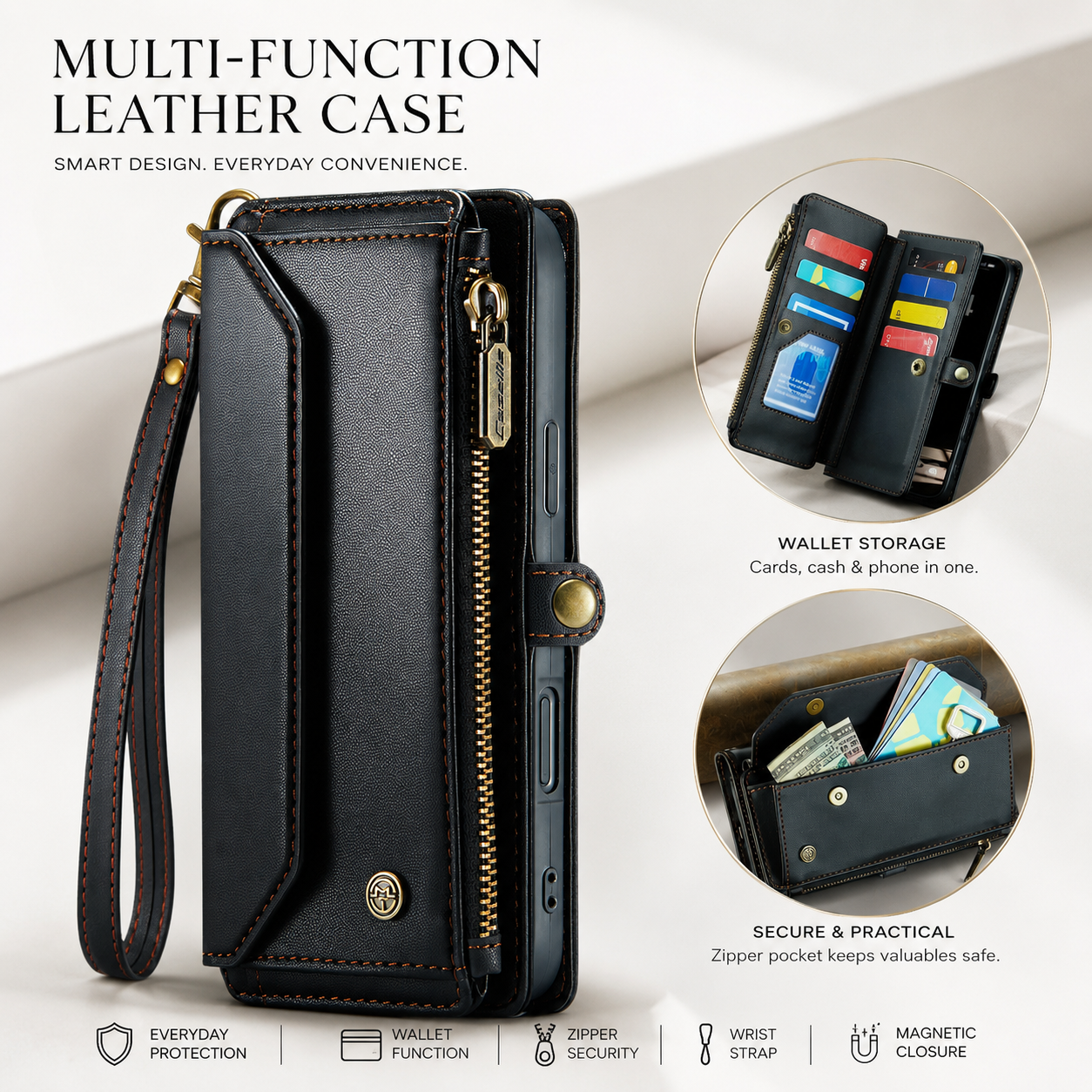 Premium iPhone Case Crossbody Wallet Cover RFID Blocking PU Leather Card Holder Shoulder Lanyard Wrist Strap Shockproof Full Coverage Protective Design