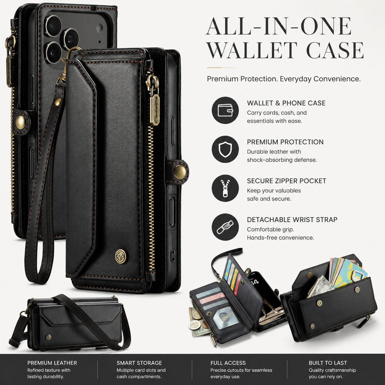 Premium iPhone Case Crossbody Wallet Cover RFID Blocking PU Leather Card Holder Shoulder Lanyard Wrist Strap Shockproof Full Coverage Protective Design