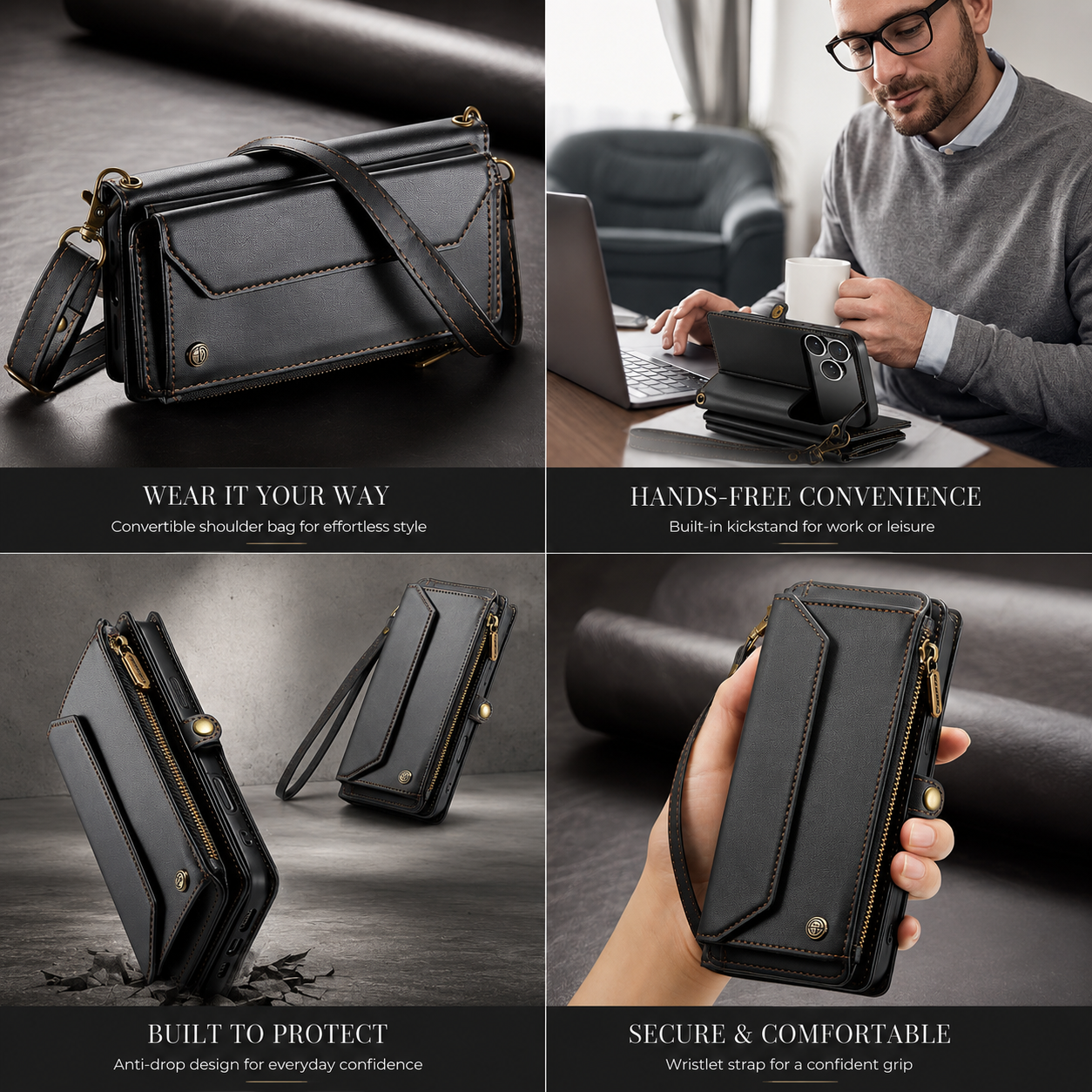 Premium iPhone Case Crossbody Wallet Cover RFID Blocking PU Leather Card Holder Shoulder Lanyard Wrist Strap Shockproof Full Coverage Protective Design