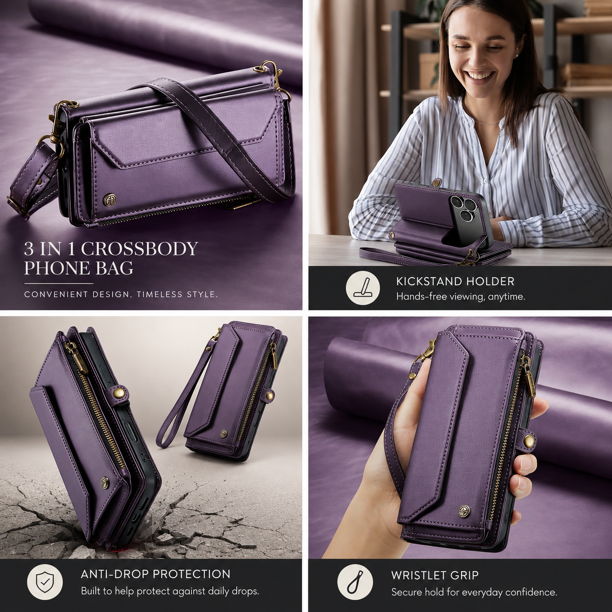 Premium iPhone Case Crossbody Wallet Cover RFID Blocking PU Leather Card Holder Shoulder Lanyard Wrist Strap Shockproof Full Coverage Protective Design