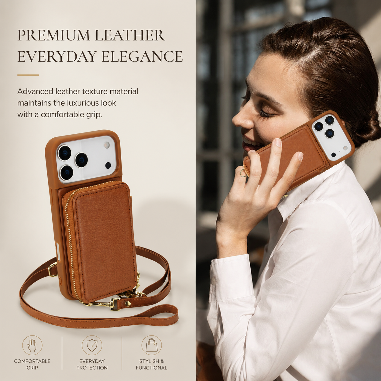 Premium iPhone Case Crossbody Wallet Leather Flip Cover RFID Card Holder Zipper Storage Shoulder Strap Shockproof Protective Full Coverage Design