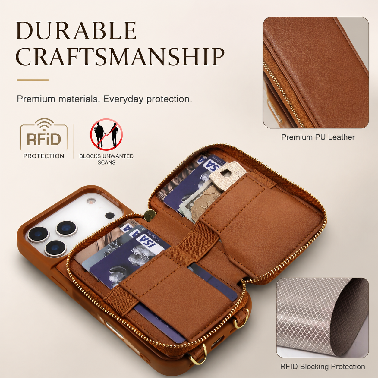 Premium iPhone Case Crossbody Wallet Leather Flip Cover RFID Card Holder Zipper Storage Shoulder Strap Shockproof Protective Full Coverage Design