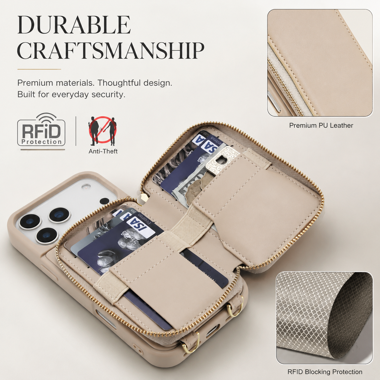 Premium iPhone Case Crossbody Wallet Leather Flip Cover RFID Card Holder Zipper Storage Shoulder Strap Shockproof Protective Full Coverage Design