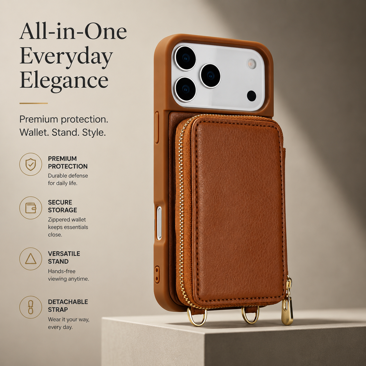 Premium iPhone Case Crossbody Wallet Leather Flip Cover RFID Card Holder Zipper Storage Shoulder Strap Shockproof Protective Full Coverage Design