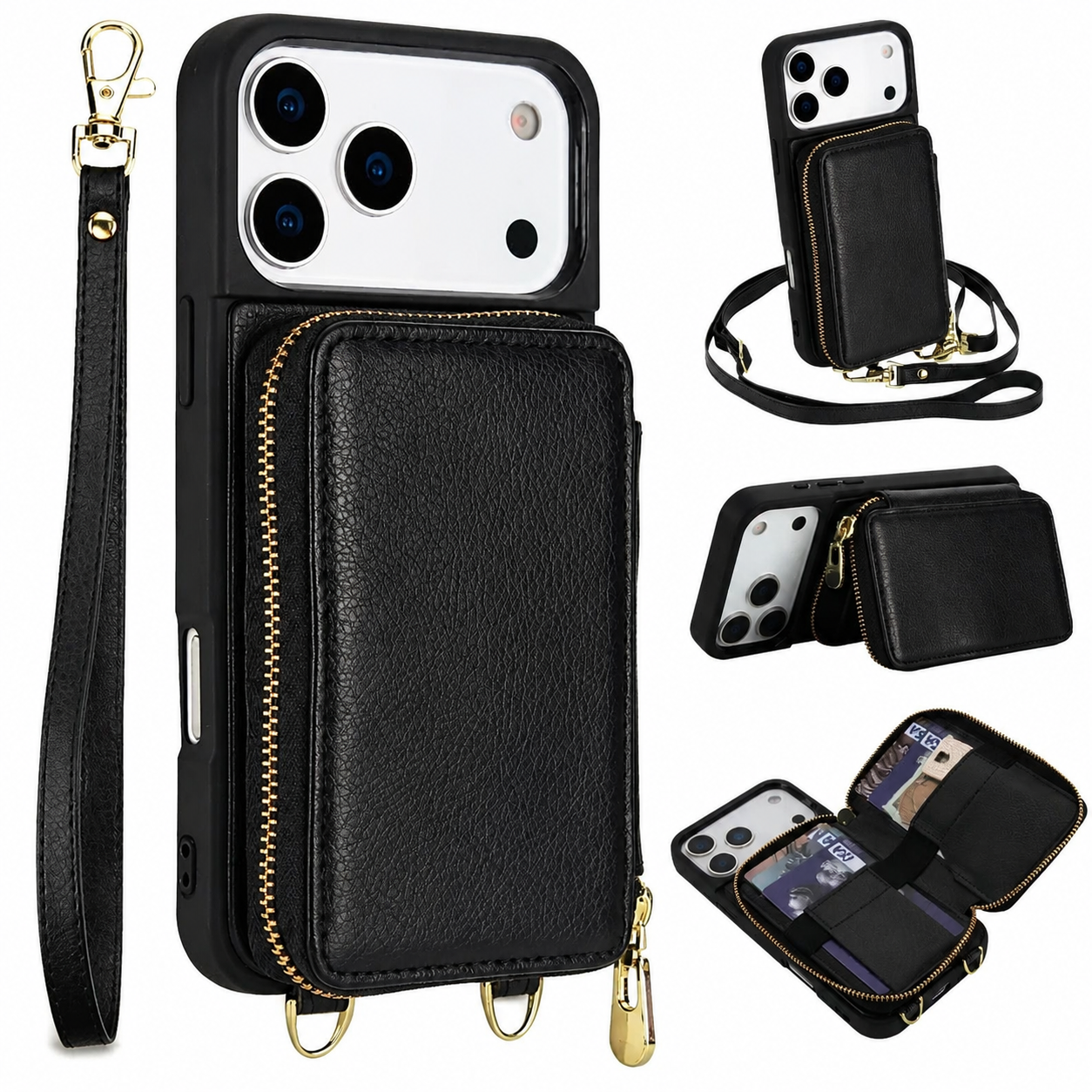 Premium iPhone Case Crossbody Wallet Leather Flip Cover RFID Card Holder Zipper Storage Shoulder Strap Shockproof Protective Full Coverage Design