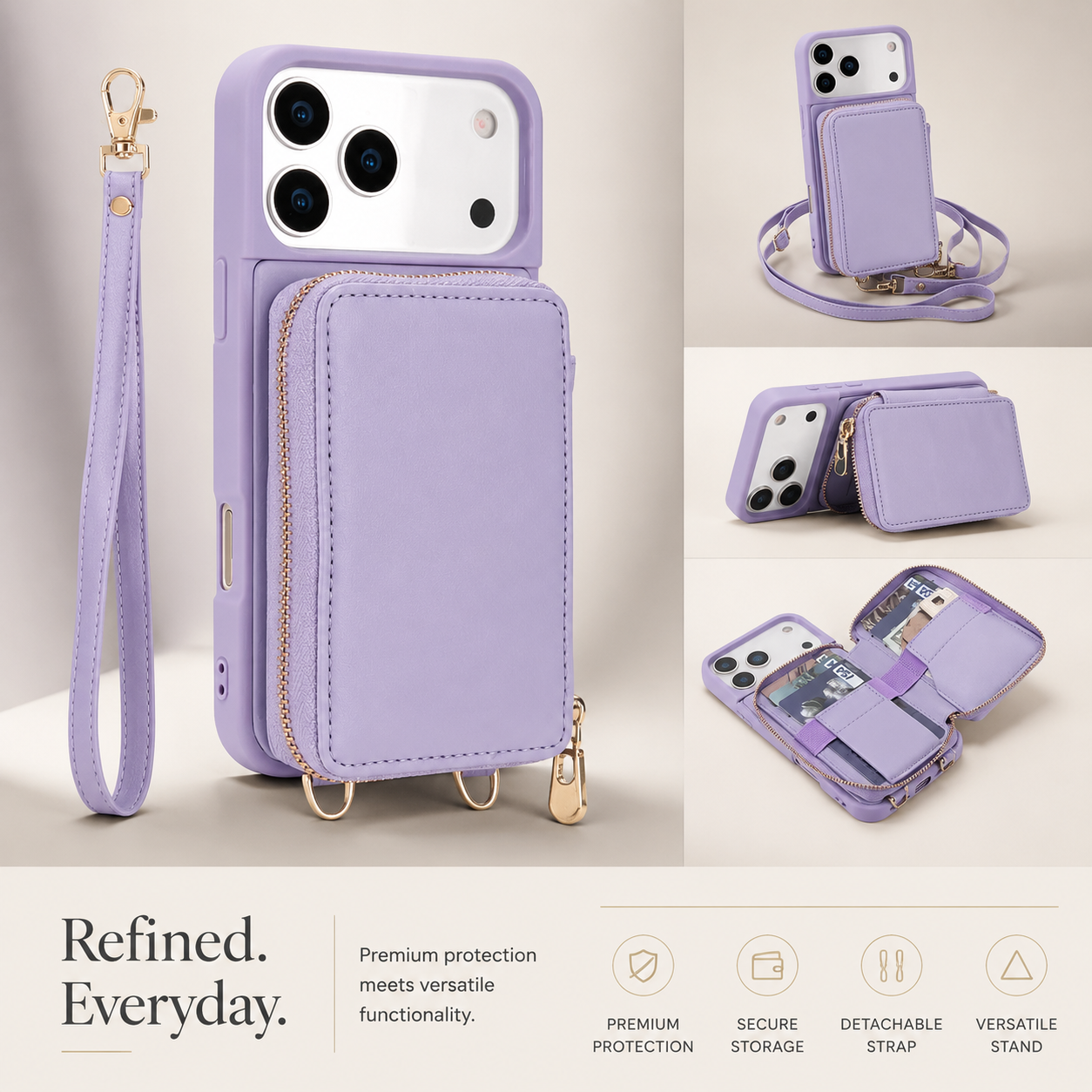Premium iPhone Case Crossbody Wallet Leather Flip Cover RFID Card Holder Zipper Storage Shoulder Strap Shockproof Protective Full Coverage Design