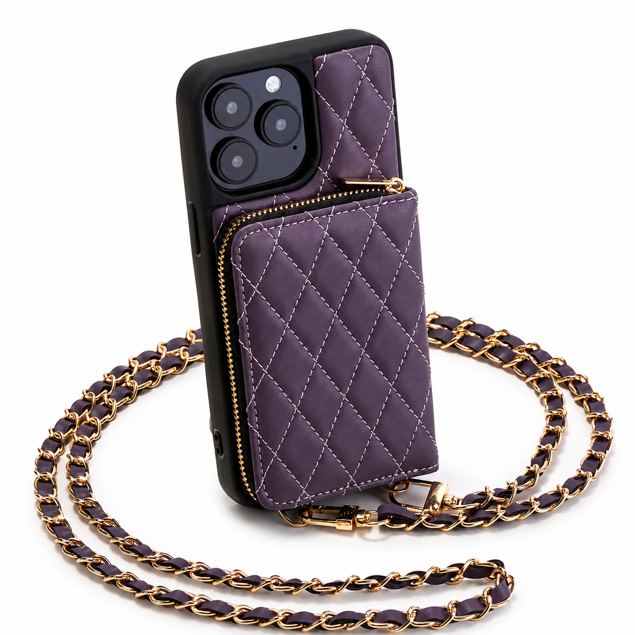 Premium iPhone Case Crossbody Wallet Leather Protective Cover Card Holder Chain Strap Shockproof Non Slip Portable Diamond Stitch Full Coverage Design