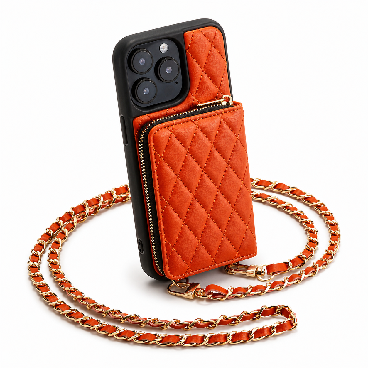 Premium iPhone Case Crossbody Wallet Leather Protective Cover Card Holder Chain Strap Shockproof Non Slip Portable Diamond Stitch Full Coverage Design