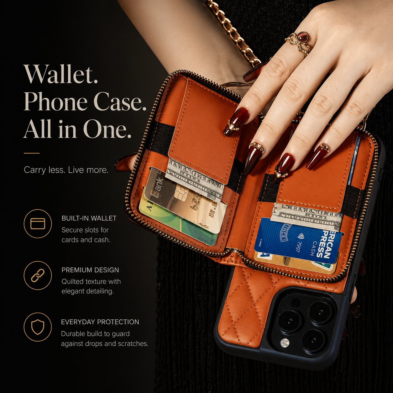 Premium iPhone Case Crossbody Wallet Leather Protective Cover Card Holder Chain Strap Shockproof Non Slip Portable Diamond Stitch Full Coverage Design