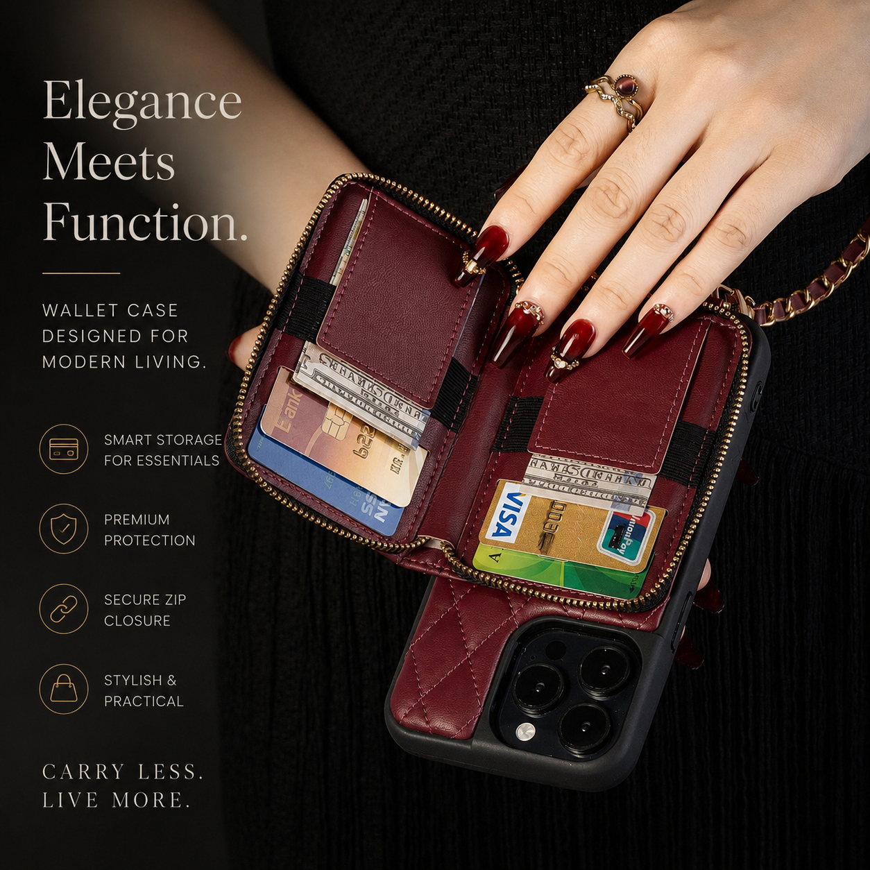 Premium iPhone Case Crossbody Wallet Leather Protective Cover Card Holder Chain Strap Shockproof Non Slip Portable Diamond Stitch Full Coverage Design