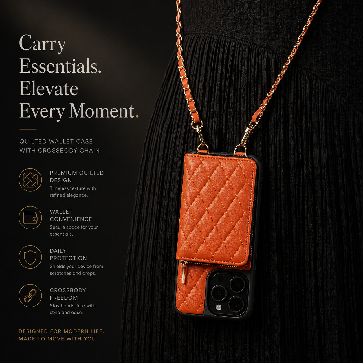 Premium iPhone Case Crossbody Wallet Leather Protective Cover Card Holder Chain Strap Shockproof Non Slip Portable Diamond Stitch Full Coverage Design