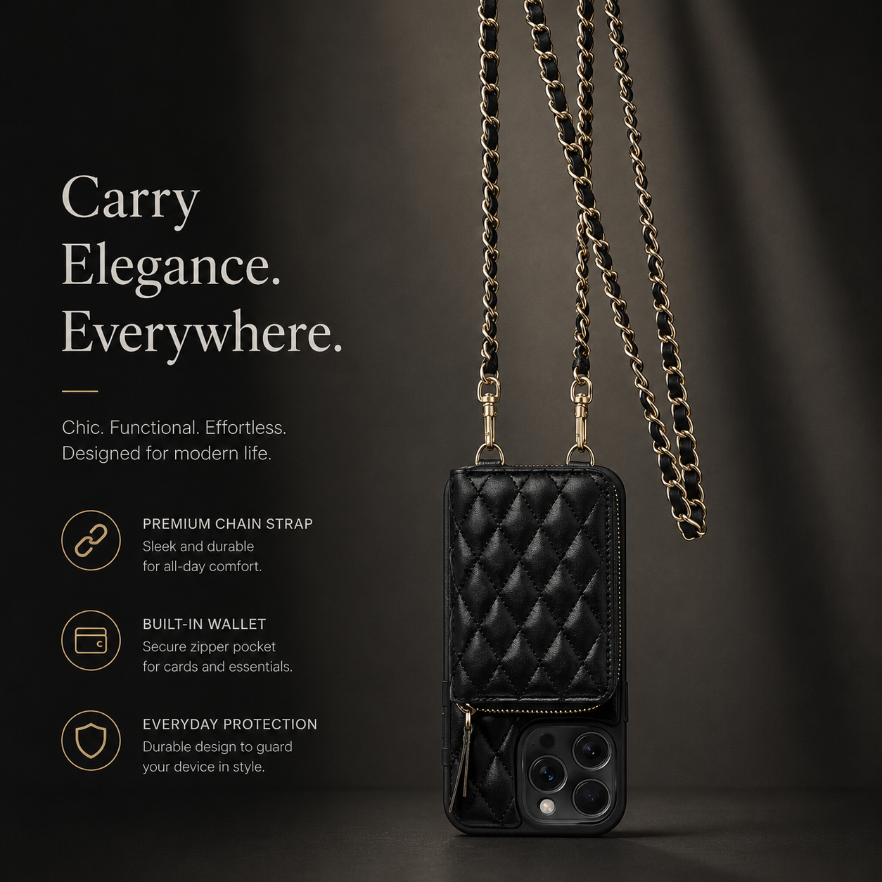 Premium iPhone Case Crossbody Wallet Leather Protective Cover Card Holder Chain Strap Shockproof Non Slip Portable Diamond Stitch Full Coverage Design