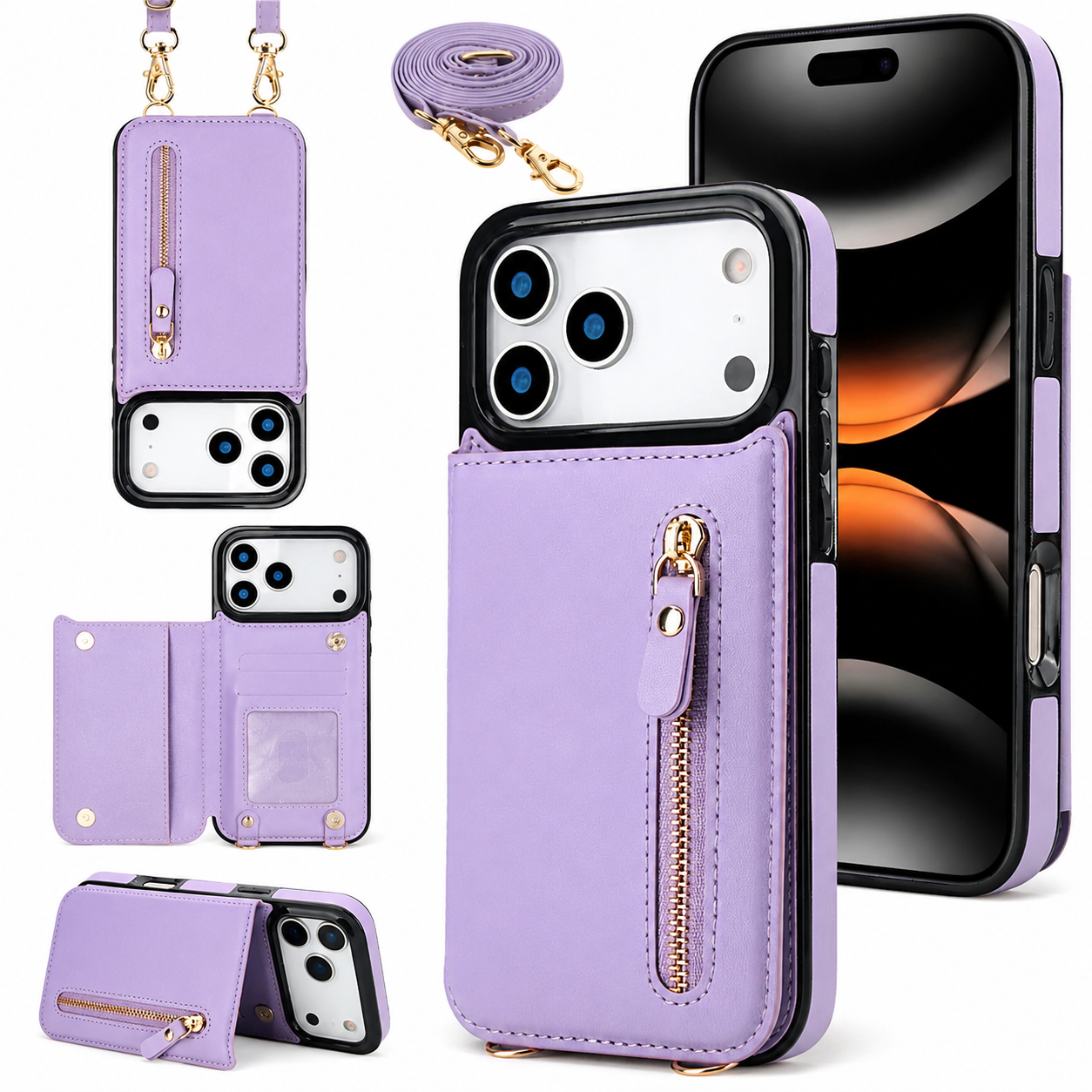 Premium iPhone Case Crossbody Wallet Leather Protective Cover RFID Card Holder Zipper Pocket Lanyard Strap Shockproof Anti Fingerprint Non Slip Full Coverage Design