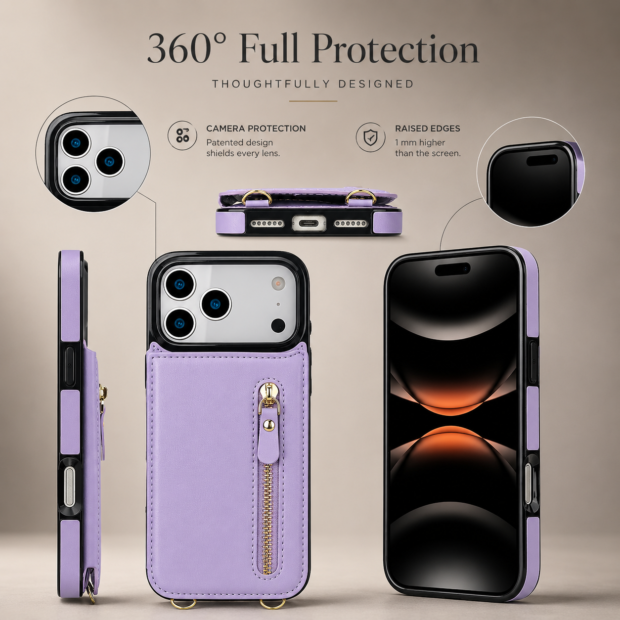 Premium iPhone Case Crossbody Wallet Leather Protective Cover RFID Card Holder Zipper Pocket Lanyard Strap Shockproof Anti Fingerprint Non Slip Full Coverage Design