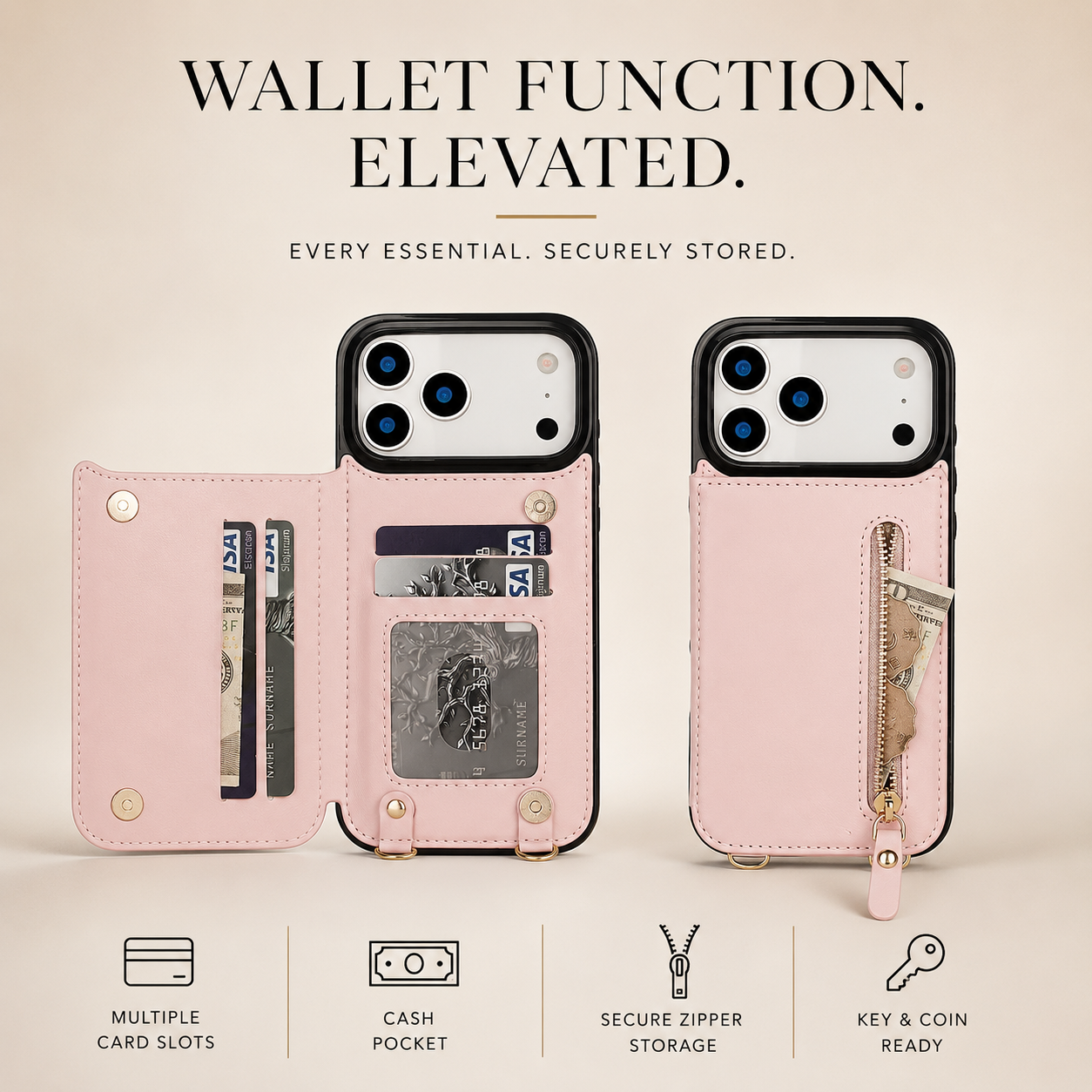 Premium iPhone Case Crossbody Wallet Leather Protective Cover RFID Card Holder Zipper Pocket Lanyard Strap Shockproof Anti Fingerprint Non Slip Full Coverage Design