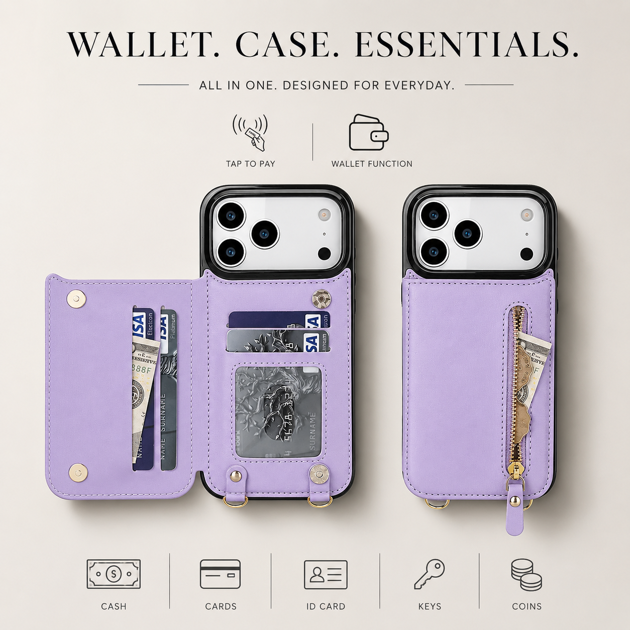 Premium iPhone Case Crossbody Wallet Leather Protective Cover RFID Card Holder Zipper Pocket Lanyard Strap Shockproof Anti Fingerprint Non Slip Full Coverage Design