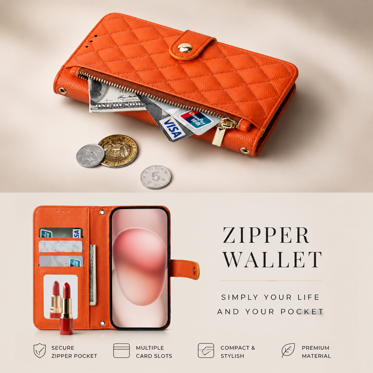 Premium iPhone Case Crossbody Wallet PU Leather Cover Card Holder Lanyard Strap Shockproof Anti Scratch Non Slip Full Coverage Slim Design