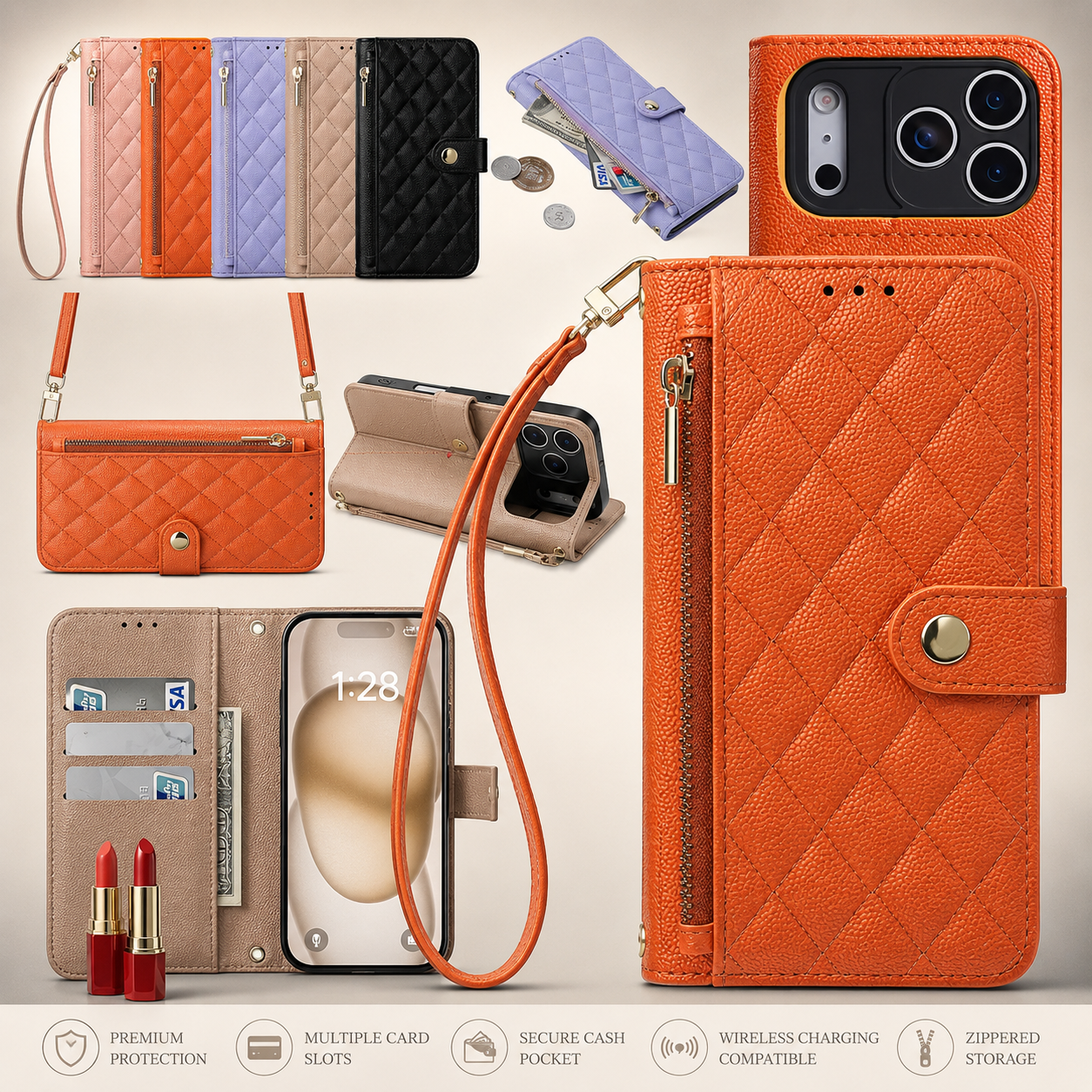Premium iPhone Case Crossbody Wallet PU Leather Cover Card Holder Lanyard Strap Shockproof Anti Scratch Non Slip Full Coverage Slim Design
