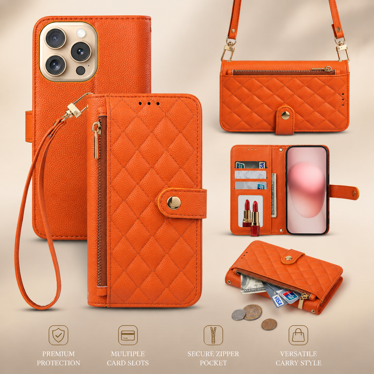 Premium iPhone Case Crossbody Wallet PU Leather Cover Card Holder Lanyard Strap Shockproof Anti Scratch Non Slip Full Coverage Slim Design