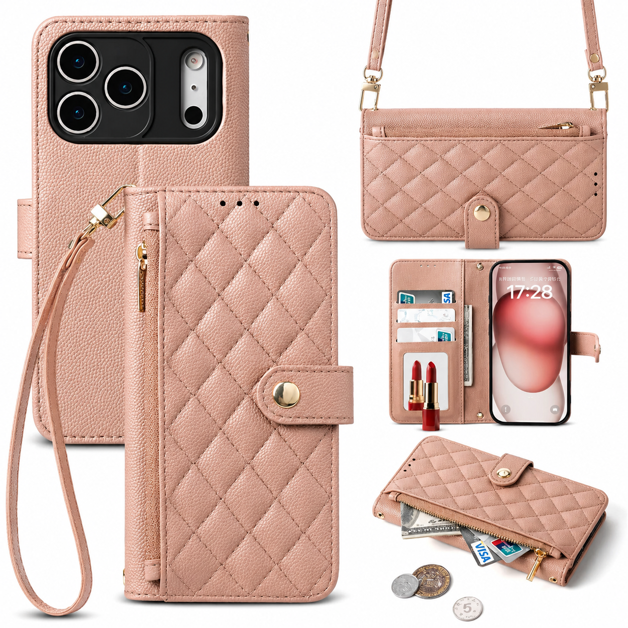 Premium iPhone Case Crossbody Wallet PU Leather Cover Card Holder Lanyard Strap Shockproof Anti Scratch Non Slip Full Coverage Slim Design