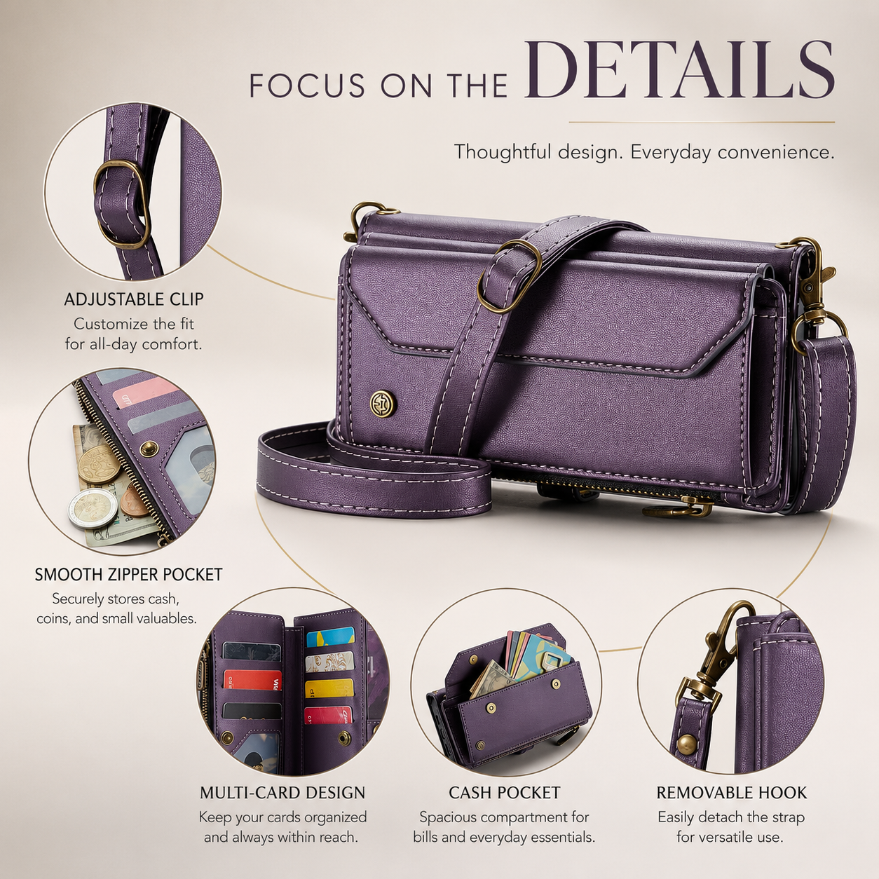 Premium iPhone Case Crossbody Wallet PU Leather RFID Blocking Card Holder Wristlet Shoulder Strap Shockproof Full Coverage Slim Protective Design