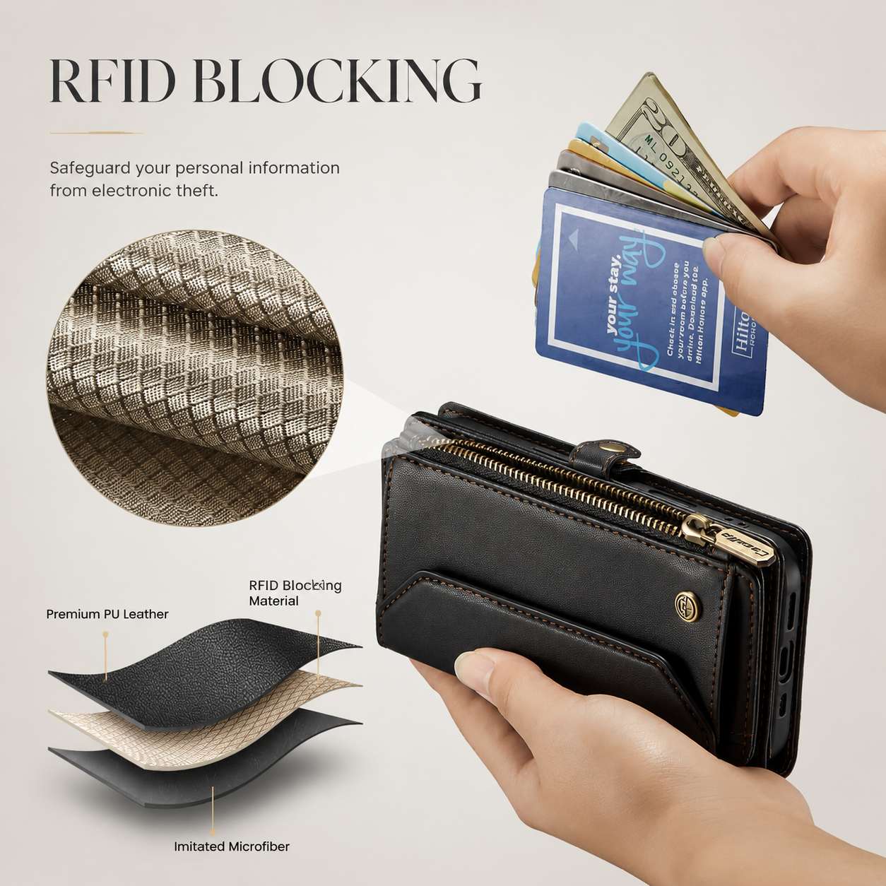 Premium iPhone Case Crossbody Wallet PU Leather RFID Blocking Card Holder Wristlet Shoulder Strap Shockproof Full Coverage Slim Protective Design