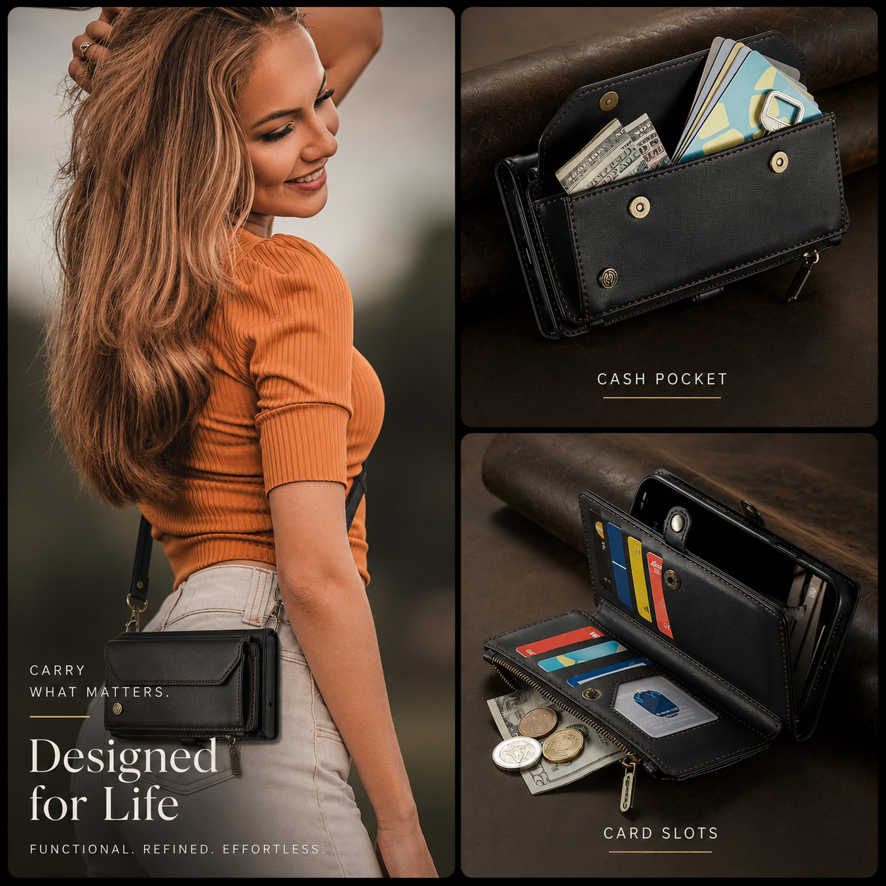 Premium iPhone Case Crossbody Wallet PU Leather RFID Blocking Card Holder Wristlet Shoulder Strap Shockproof Full Coverage Slim Protective Design