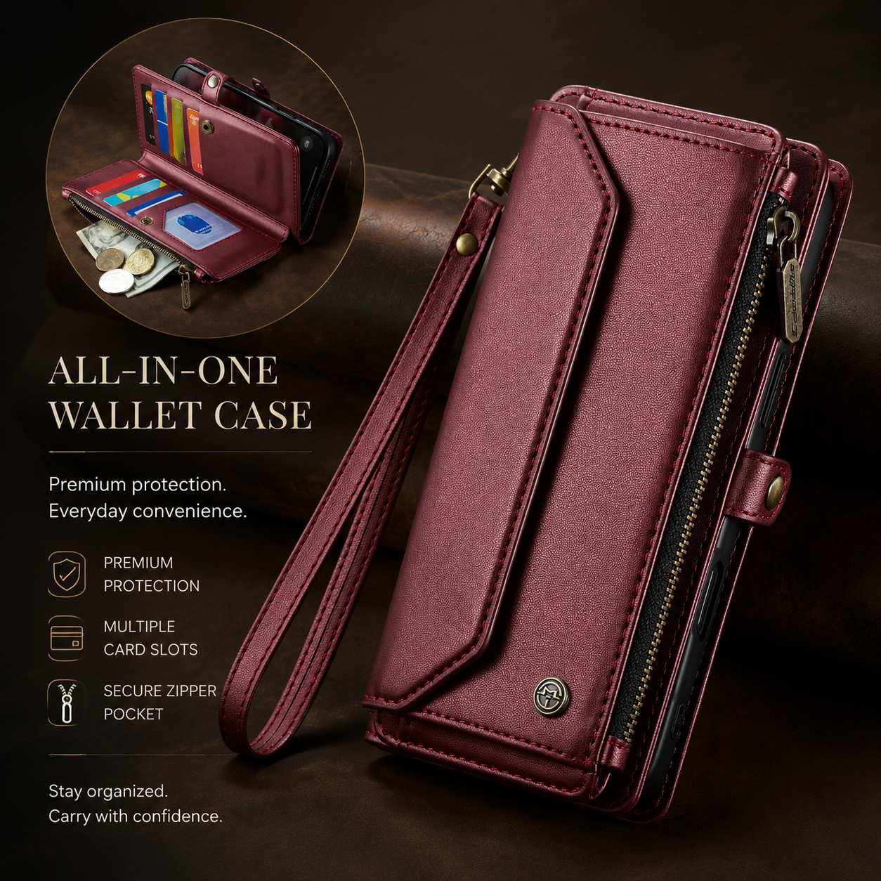 Premium iPhone Case Crossbody Wallet PU Leather RFID Blocking Card Holder Wristlet Shoulder Strap Shockproof Full Coverage Slim Protective Design