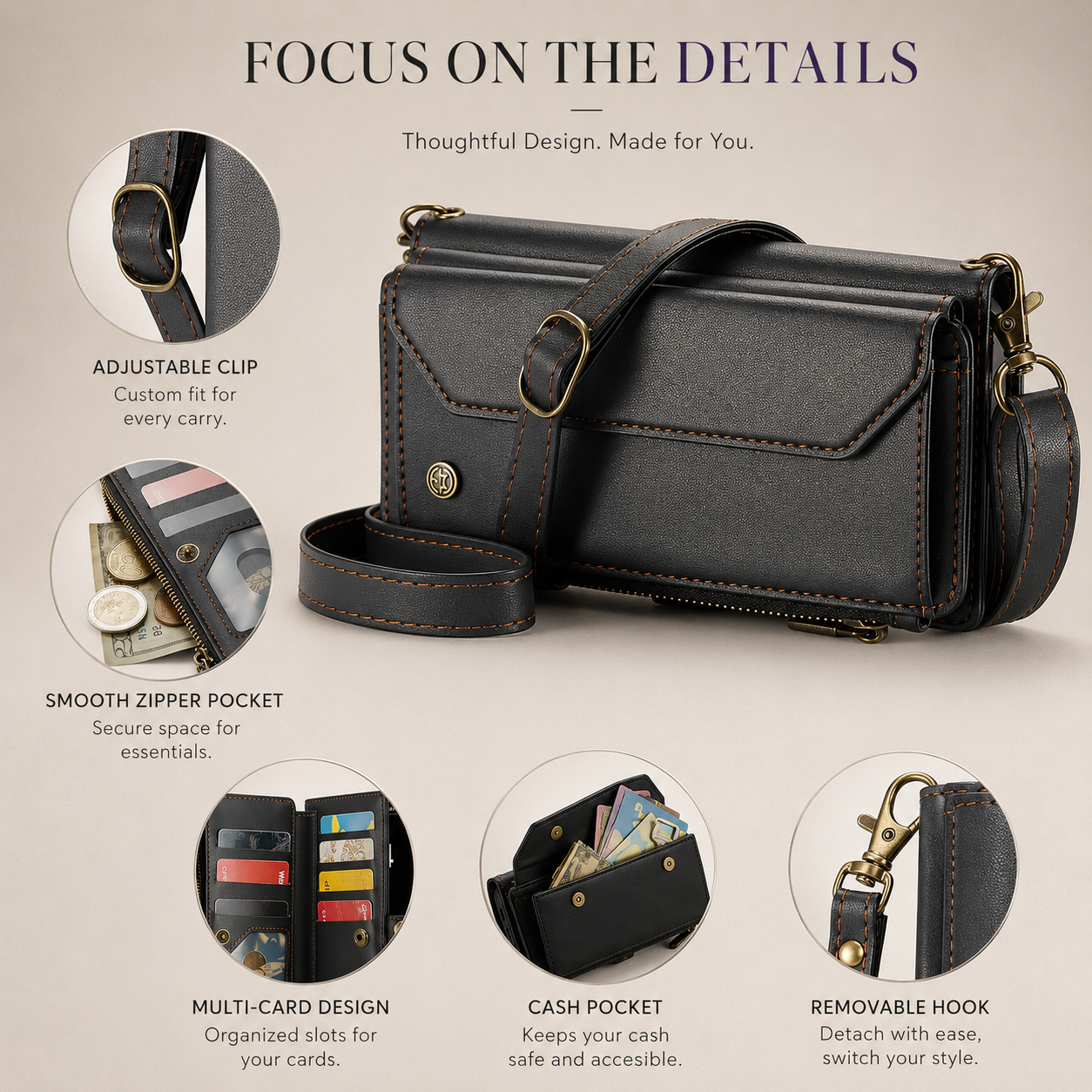 Premium iPhone Case Crossbody Wallet PU Leather RFID Blocking Card Holder Wristlet Shoulder Strap Shockproof Full Coverage Slim Protective Design