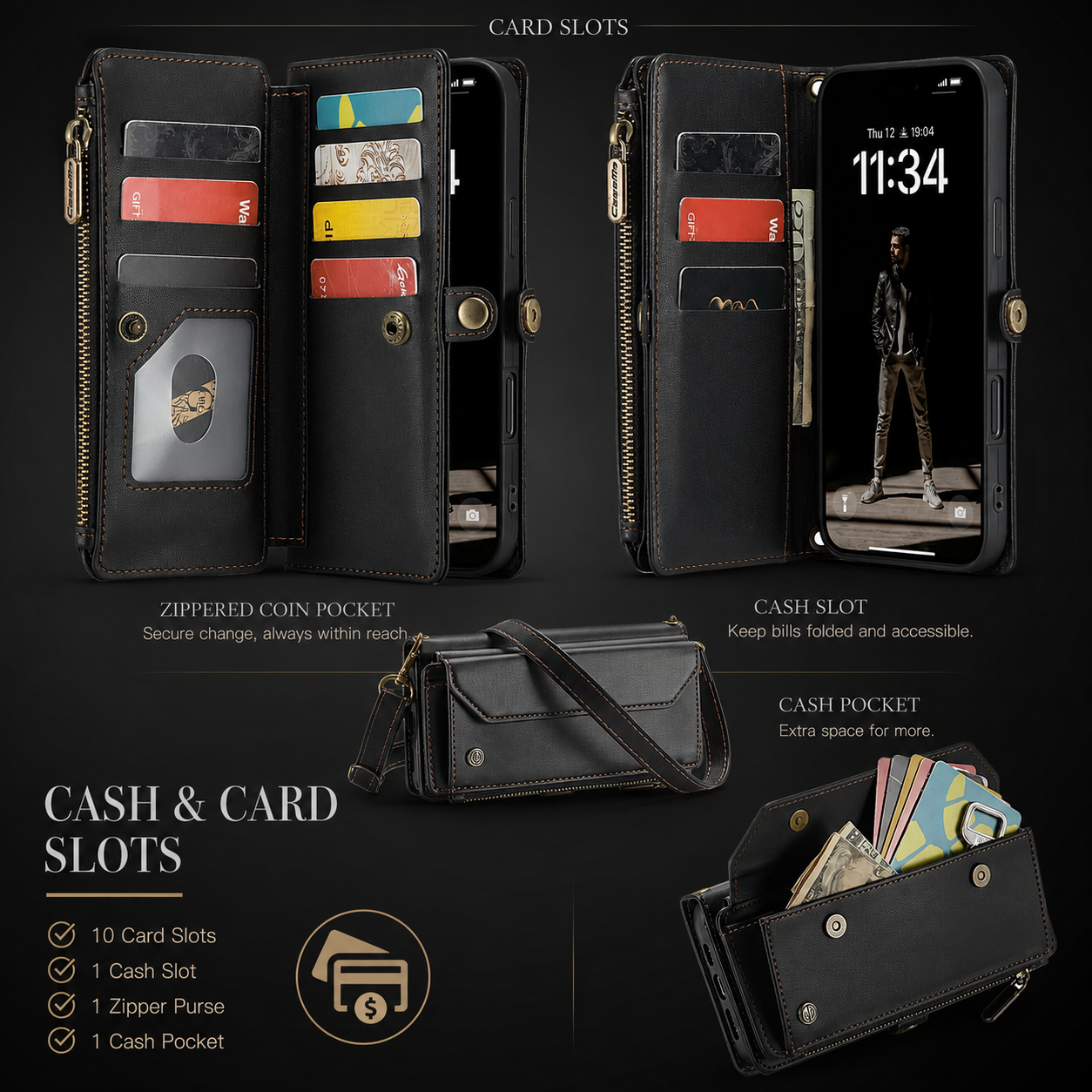 Premium iPhone Case Crossbody Wallet PU Leather RFID Blocking Card Holder Wristlet Shoulder Strap Shockproof Full Coverage Slim Protective Design