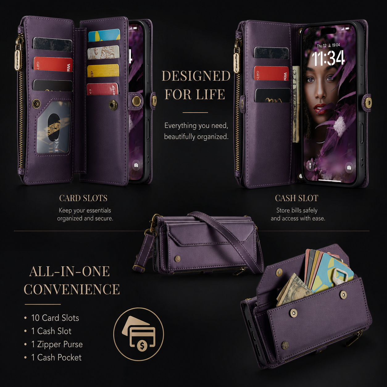 Premium iPhone Case Crossbody Wallet PU Leather RFID Blocking Card Holder Wristlet Shoulder Strap Shockproof Full Coverage Slim Protective Design