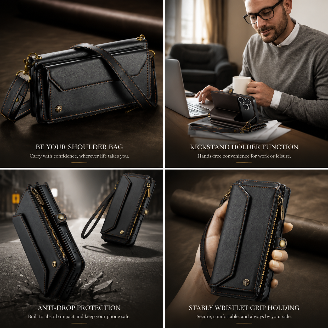 Premium iPhone Case Crossbody Wallet PU Leather RFID Blocking Card Holder Wristlet Shoulder Strap Shockproof Full Coverage Slim Protective Design
