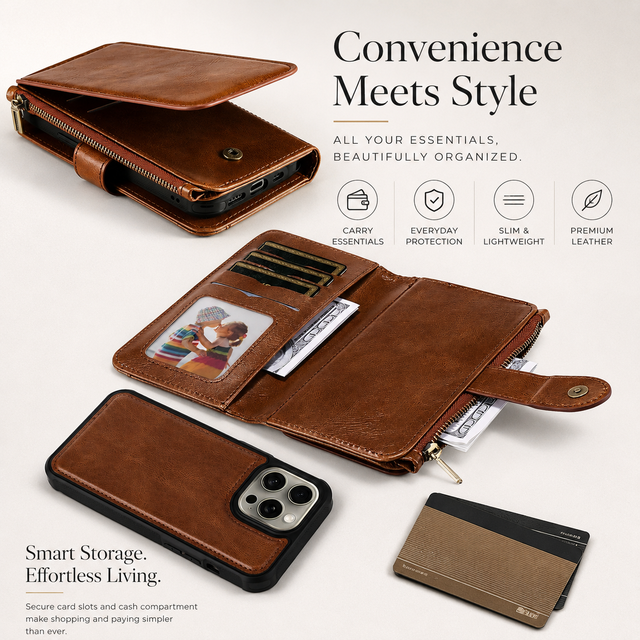 Premium iPhone Case Detachable Wallet Cover Zipper Card Holder PU Leather Shockproof Full Coverage Anti Fingerprint Non Slip Protective Design