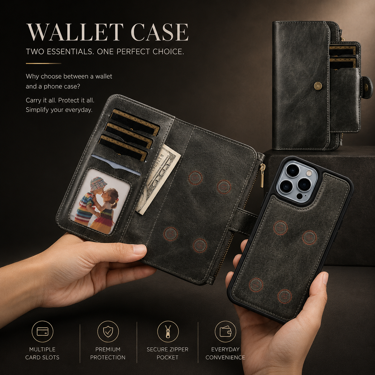 Premium iPhone Case Detachable Wallet Cover Zipper Card Holder PU Leather Shockproof Full Coverage Anti Fingerprint Non Slip Protective Design