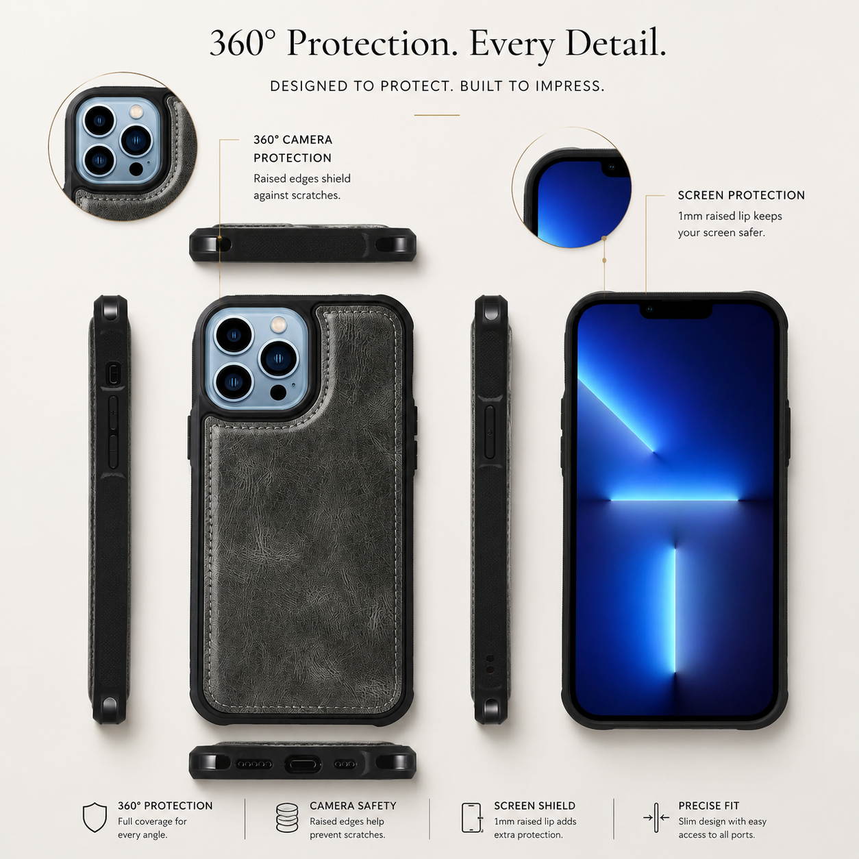 Premium iPhone Case Detachable Wallet Cover Zipper Card Holder PU Leather Shockproof Full Coverage Anti Fingerprint Non Slip Protective Design