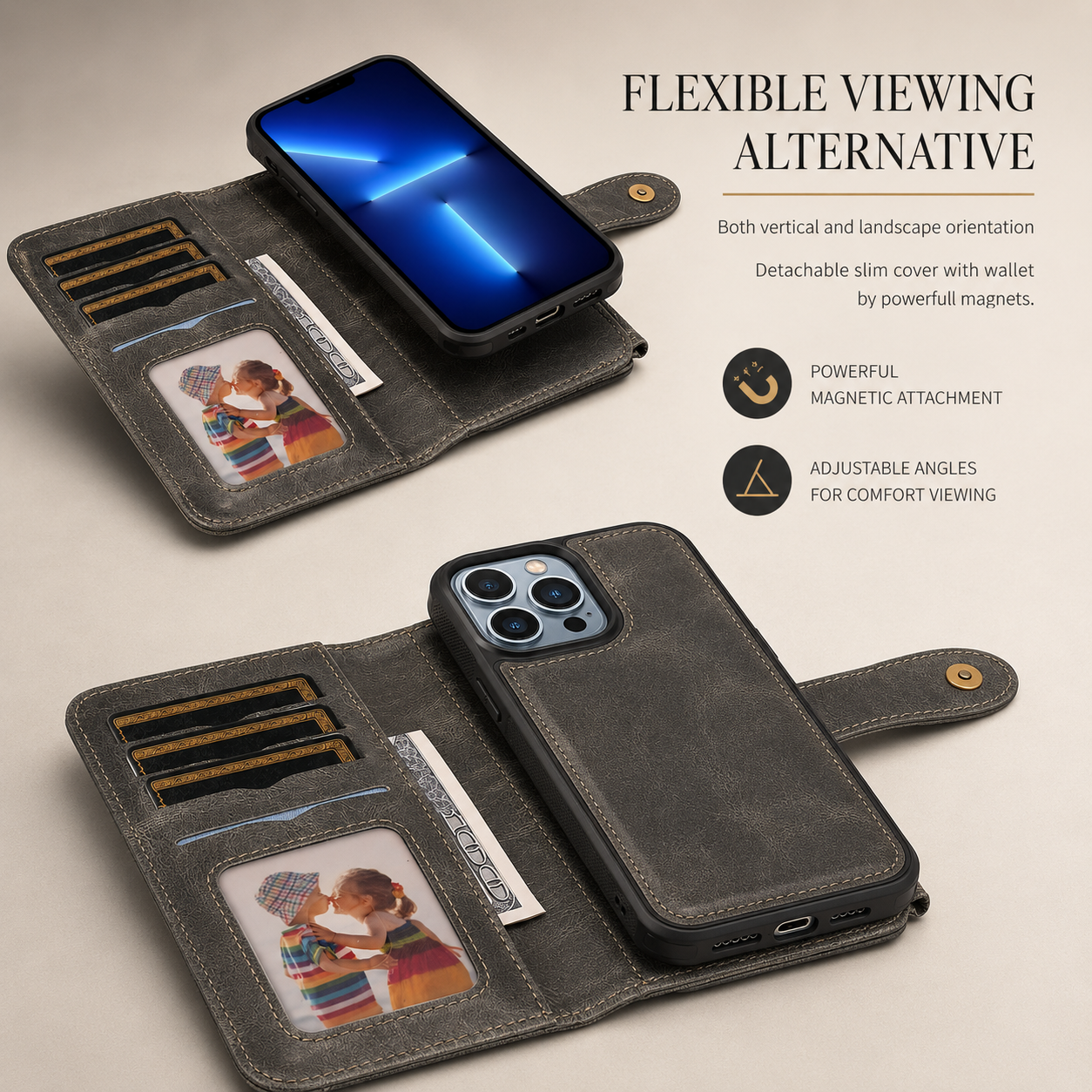 Premium iPhone Case Detachable Wallet Cover Zipper Card Holder PU Leather Shockproof Full Coverage Anti Fingerprint Non Slip Protective Design