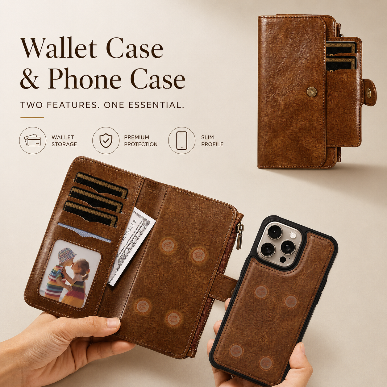 Premium iPhone Case Detachable Wallet Cover Zipper Card Holder PU Leather Shockproof Full Coverage Anti Fingerprint Non Slip Protective Design