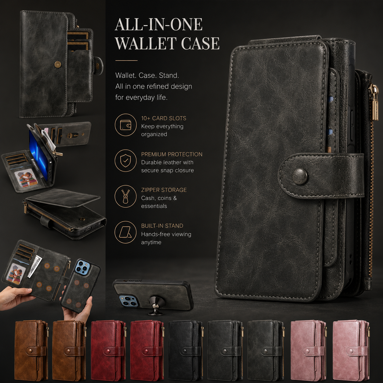 Premium iPhone Case Detachable Wallet Cover Zipper Card Holder PU Leather Shockproof Full Coverage Anti Fingerprint Non Slip Protective Design