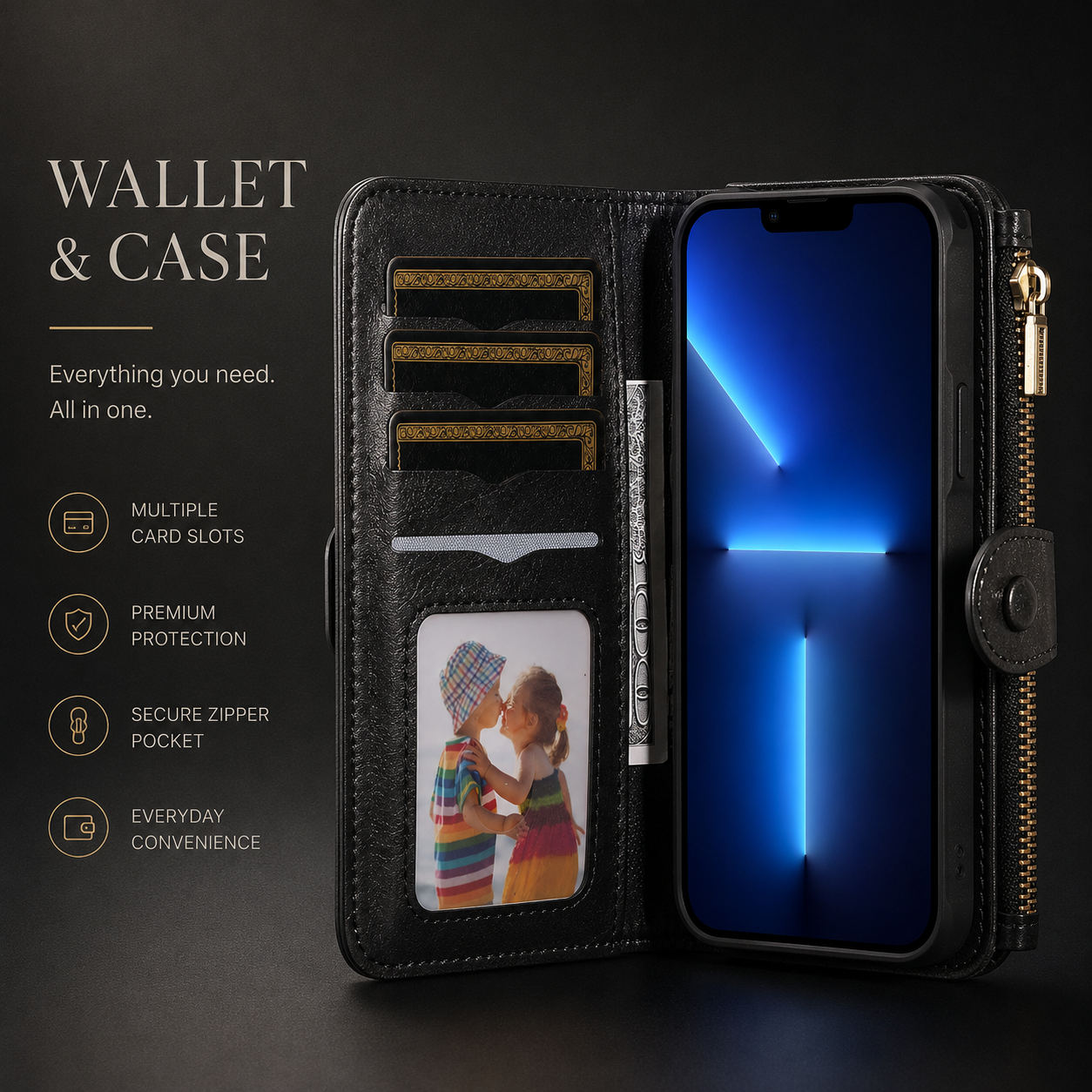 Premium iPhone Case Detachable Wallet Cover Zipper Card Holder PU Leather Shockproof Full Coverage Anti Fingerprint Non Slip Protective Design