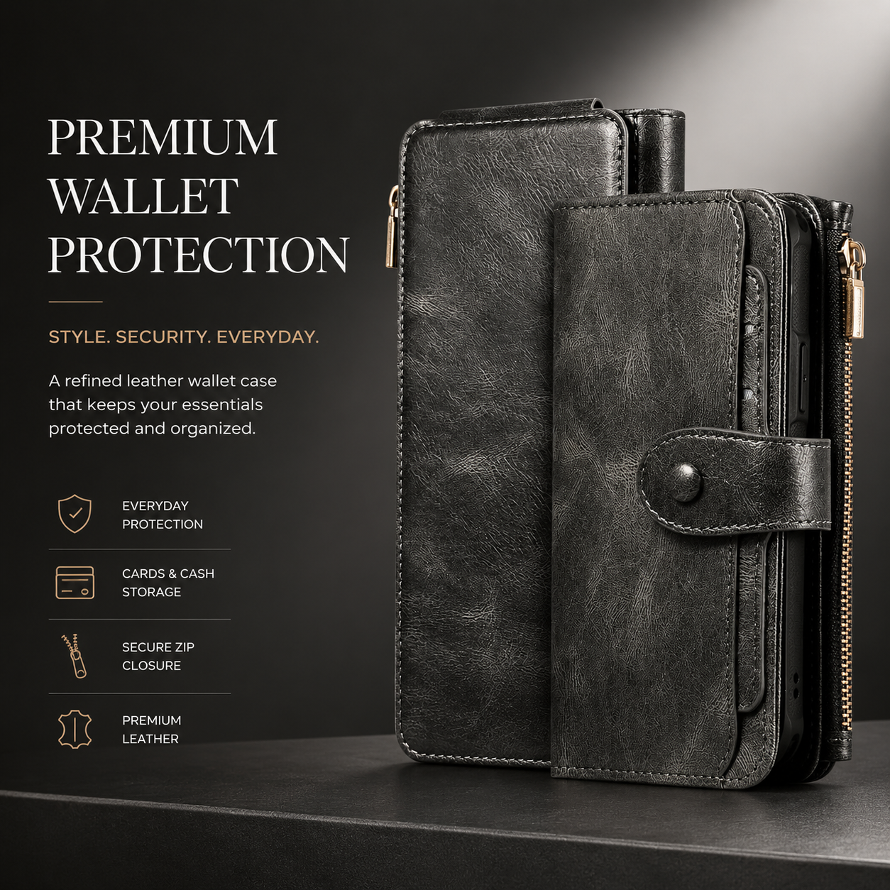 Premium iPhone Case Detachable Wallet Cover Zipper Card Holder PU Leather Shockproof Full Coverage Anti Fingerprint Non Slip Protective Design