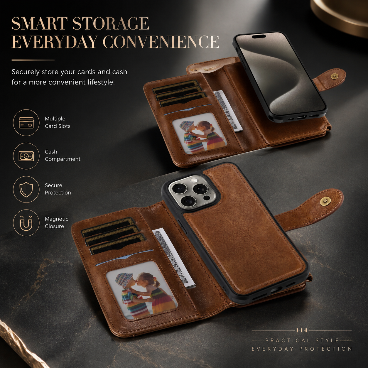 Premium iPhone Case Detachable Wallet Cover Zipper Card Holder PU Leather Shockproof Full Coverage Anti Fingerprint Non Slip Protective Design