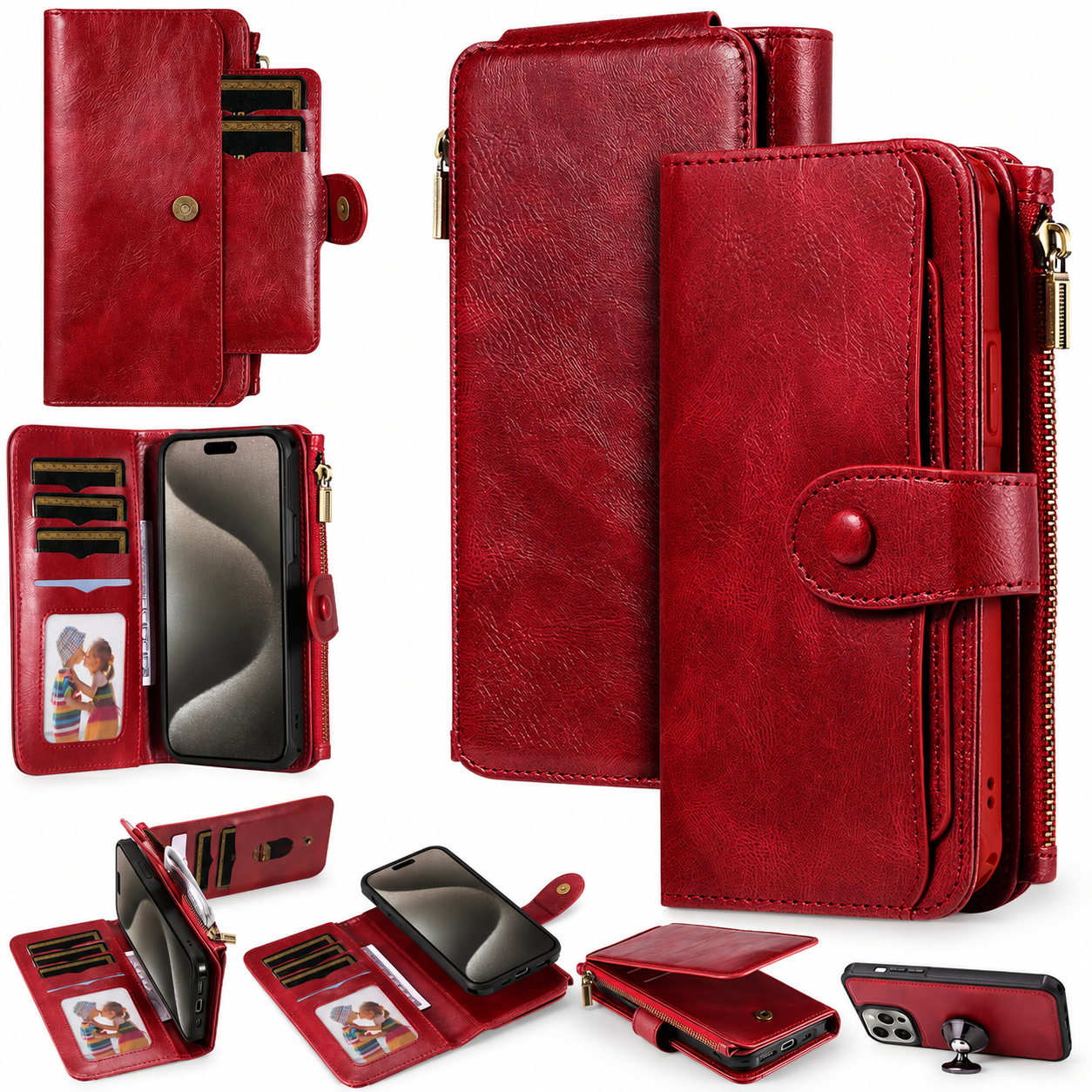 Premium iPhone Case Detachable Wallet Cover Zipper Card Holder PU Leather Shockproof Full Coverage Anti Fingerprint Non Slip Protective Design