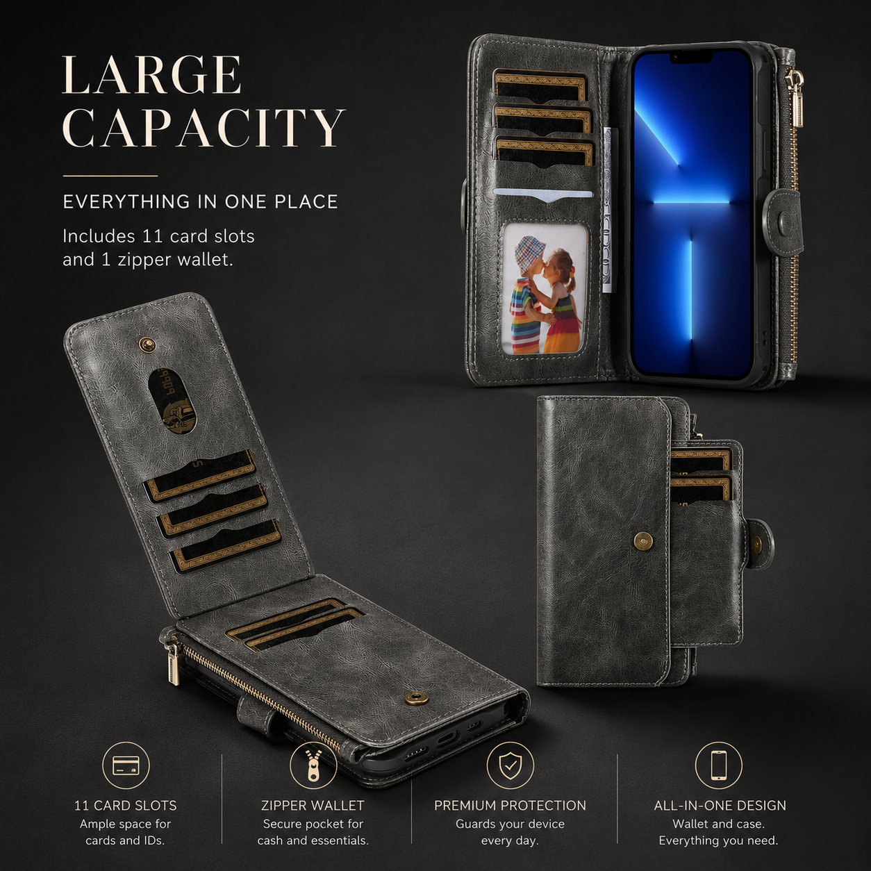 Premium iPhone Case Detachable Wallet Cover Zipper Card Holder PU Leather Shockproof Full Coverage Anti Fingerprint Non Slip Protective Design