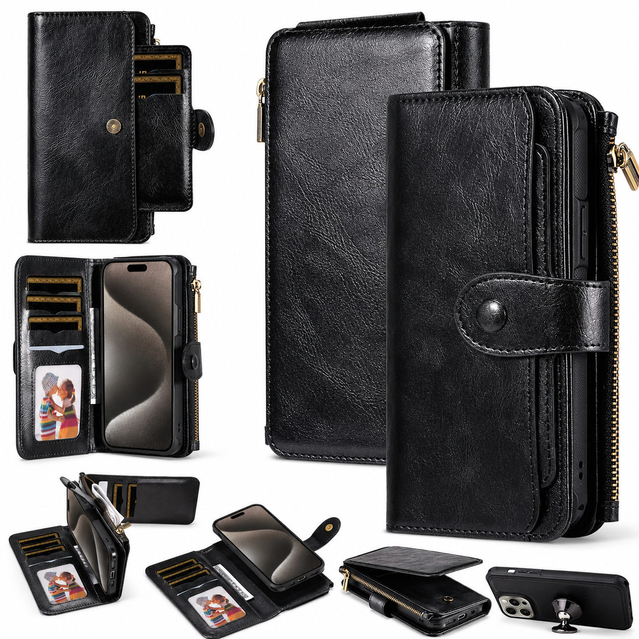 Premium iPhone Case Detachable Wallet Cover Zipper Card Holder PU Leather Shockproof Full Coverage Anti Fingerprint Non Slip Protective Design