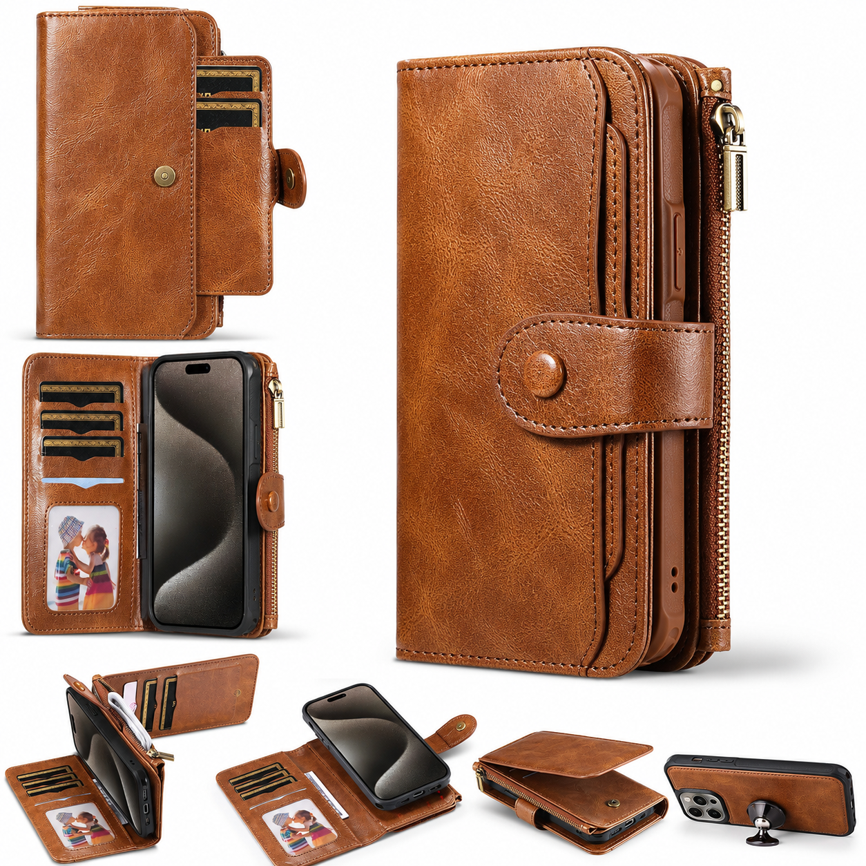 Premium iPhone Case Detachable Wallet Cover Zipper Card Holder PU Leather Shockproof Full Coverage Anti Fingerprint Non Slip Protective Design